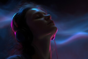Serenity Soundscape: A young woman immersed in the world of sound, wearing headphones and experiencing the immersive power of music, the air around her filled with glowing neon colors.