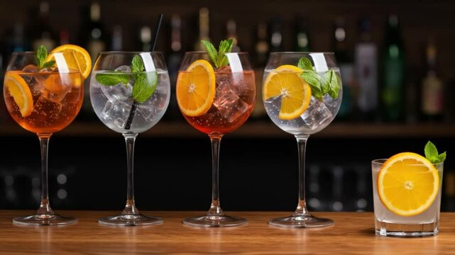 Five stemmed glasses with orange slices and mint leaves on a wooden bar top against a dark background