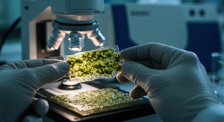 A researcher in gloves studies an algae sample under a microscope in a lab