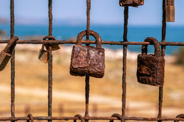 Love lock. Rusty padlocks on metal fence grid, closeup. Love and commitment concept