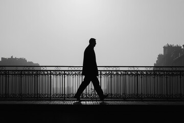 Man walking alone on a bridge silhouette