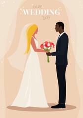 Wedding Day. Man and woman with a bouquet. Marriage ceremony.