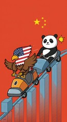 An eagle and a panda ride a roller coaster, symbolizing global competition and collaboration