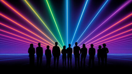 Silhouetted crowd standing before vibrant rainbow laser light display in futuristic dark space