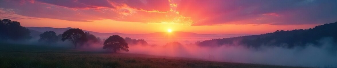 A tranquil sunrise paints the sky with vibrant hues, casting a warm glow over a serene, mist-shrouded landscape Perfect for travel, nature, and peaceful backgrounds , hills, serene, beautiful