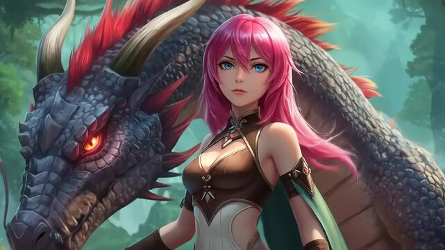 Fantasy warrior woman with pink hair stands confidently beside a fierce dragon in a mystical forest