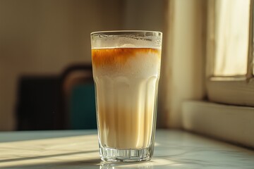 Glass of iced latte with milk foam served on a table in cozy interior with soft natural light

