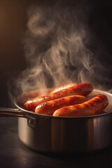 A pot full of sausages cooking with steam rising from it.
