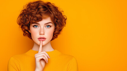 Thoughtful young woman with red curly hair making shushing gesture against vibrant orange background