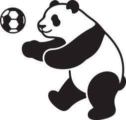 Panda playing with soccer ball cartoon, Cute panda kicking ball black and white