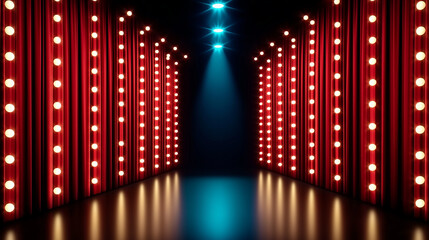 Glamorous stage entrance with glowing marquee lights and red curtains under blue spotlight
