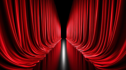 Dramatic red theater curtains parting symmetrically to reveal spotlight path into darkness