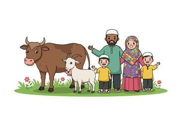Naklejka premium Cartoon Family with Animals Illustration for Greeting Card