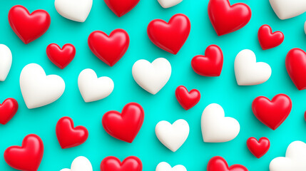 Seamless pattern of red and white hearts on bright turquoise background symbolizing love and celebration