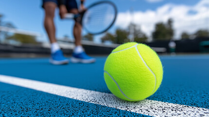 Close-up of tennis ball on blue court with player ready in background during sunny outdoor match