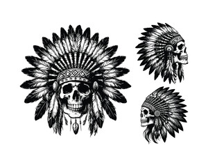 skull with native american indian chief headdress with feathers, black and white vector sketch illustration