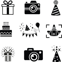 Birthday Celebration Icons Set Party, Cake, Gift, Hat, Balloon Vector Graphics design. Birthday icon design