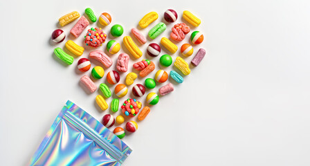 Top View of Colorful Various  Freeze-Dried Candy Assortment Lying Scattered in  a Heart Shape On Clean White Surface from Opened Ziplock  Bag 