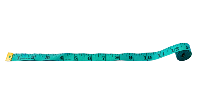 Png of a teal measuring tape rolled out, showing clear markings up to 12 inches, perfect for precise measurements on transparent background. - Powered by Adobe