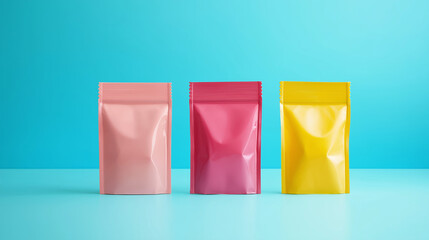 Colorful stand-up pouch packaging in pink red and yellow on vibrant blue background for branding and product display