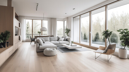 Fototapeta premium Modern Scandinavian Style Living Room Interior Design with Light Colors
