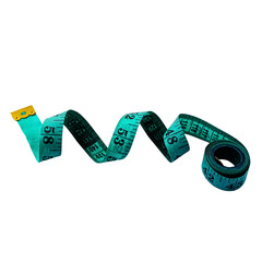 Png of a bright turquoise measuring tape coiled elegantly, showcasing its clear markings for precise measurements on transparent background.