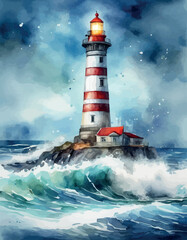 Obraz premium Watercolor lighthouse towers over sea, full moon, sunset sky. Coastal charm, nautical design, home decor and travel posters