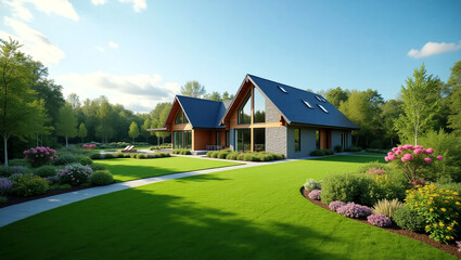 Obraz premium Drone view of a newly built home surrounded by fresh landscaping and green lawn.