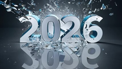 2026 text in silver style on icy reflective surface showing new year theme or futuristic number for celebration or time visuals