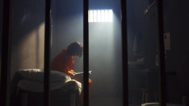 Inmate in orange uniform sitting on bed under wall cross, reading Holy Bible as light from barred window illuminates his prison room