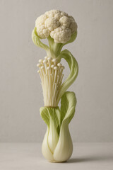 Cauliflower, enoki mushrooms and bok choy arranged in vertical botanical sculpture on neutral background. Studio white monochrome food photography. Minimalist vegetarian and healthy eating concept. 