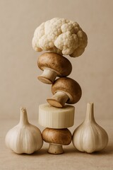 Cauliflower, garlic, mushrooms and leek stacked in vertical composition on neutral background. Studio monochrome food photography. Minimalist healthy eating and vegetarian cooking concept. 