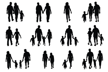 Silhouettes of Families and Couples Walking Together Holding Hands on White