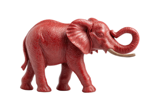 PNG Red obsidian elephant sculpture with trunk raised on black background