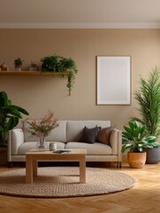 A neatly arranged living room featuring contemporary furniture, soft lighting, and potted plants for a tranquil atmosphere.