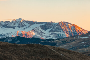 View of the Pic du Midi d'Ossau, seen from the Pourtalet Pass, at sunset, during a clear winter...