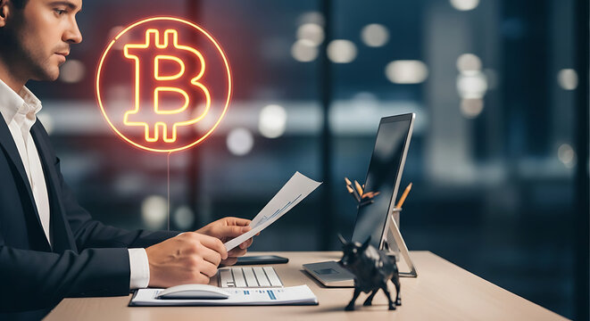 Businessman reviewing documents with Bitcoin symbol in the background.