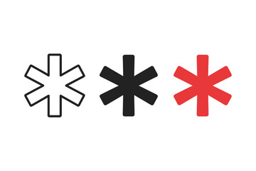 Minimalist Asterisk Icon Set Outline Solid Black and Red Vector Symbols