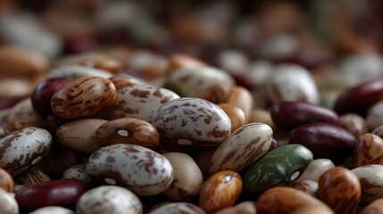 Vibrant Bean Variety: A close-up shot of a colorful mix of diverse beans, each showcasing unique patterns and textures, creating a visually appealing display of nature's bounty.