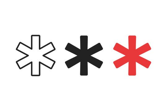 Minimalist Asterisk Icon Set Outline Solid Black and Red Vector Symbols