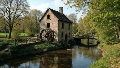 Obraz premium Historic watermill with a wooden wheel beside a tranquil river 