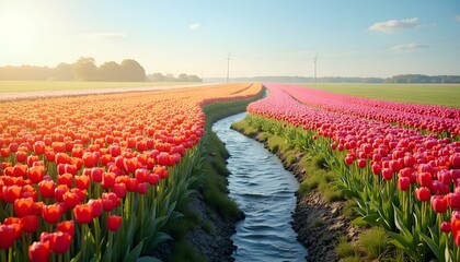 Colorful Tulip Field with Small Water Stream in Bright Sunlit Countryside