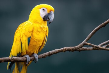 Obraz premium Vibrant yellow macaw perched on a branch, showcasing its stunning plumage and expressive features against a blurred natural background, embodying the beauty of wildlife