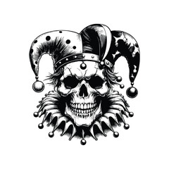 skull with jester hat, black and white vector sketch illustration
