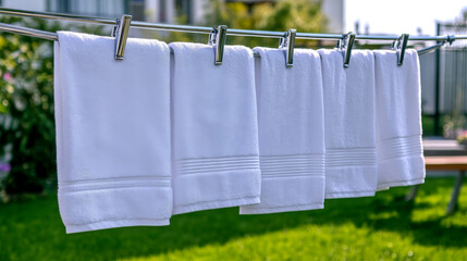 Modern outdoor laundry drying rack with crisp white towels hanging in sunlit backyard setting ideal for homecare and lifestyle content