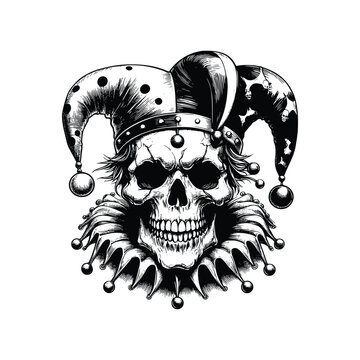 skull with jester hat, black and white vector sketch illustration