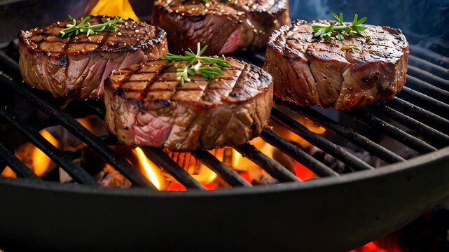 Grilled steaks on barbecue with rosemary garnish, sizzling over hot flames and creating mouthwatering smoke.