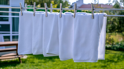 Modern outdoor laundry drying rack with crisp white towels hanging in sunlit backyard setting ideal for homecare and lifestyle content
