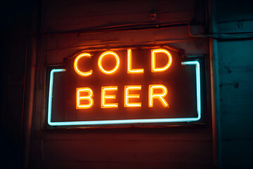 Obraz premium Bright neon sign advertising cold beer on wooden wall