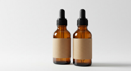 Obraz premium Two amber glass bottles with dropper caps and blank labels on a white surface in a studio setting